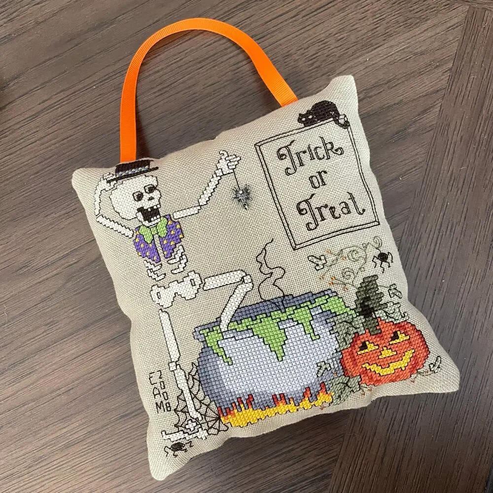 Halloween Cross Stitch Pillow Door Hanger Skeleton Trick or Treat Hanging Spider